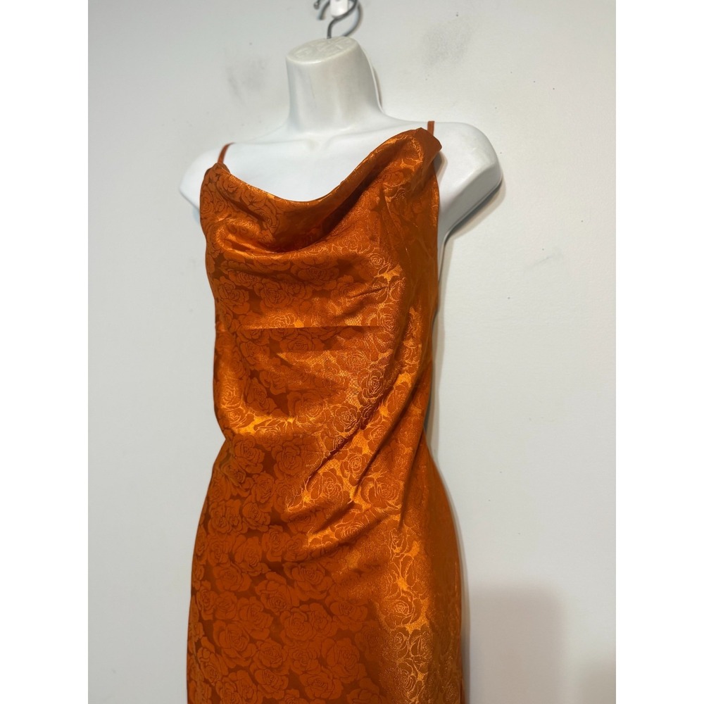 Lulus Orange Rose Jacquard Satin Slip Dress XL Cowl Neck Coquette Fairycore Midi - Picture 8 of 10